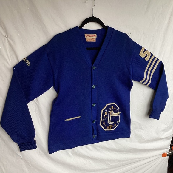 Vintage 1950-60s Wool Knit lettermans jacket G sweater cardigan Lasley knitting